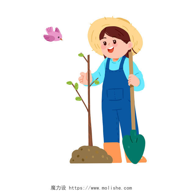 手绘卡通植树节小女孩春天种树免扣元素312植树节